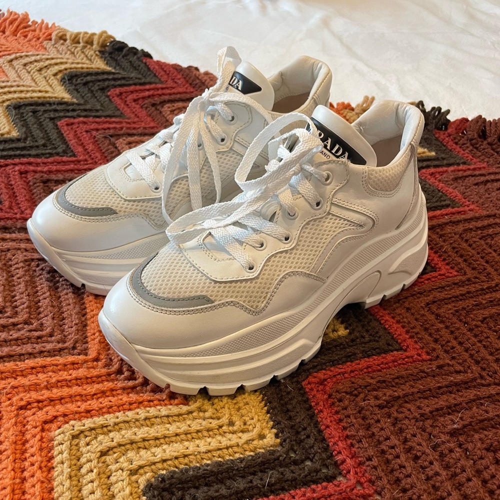 Prada Signature Logo Leather Chunky Sneakers, 9.5